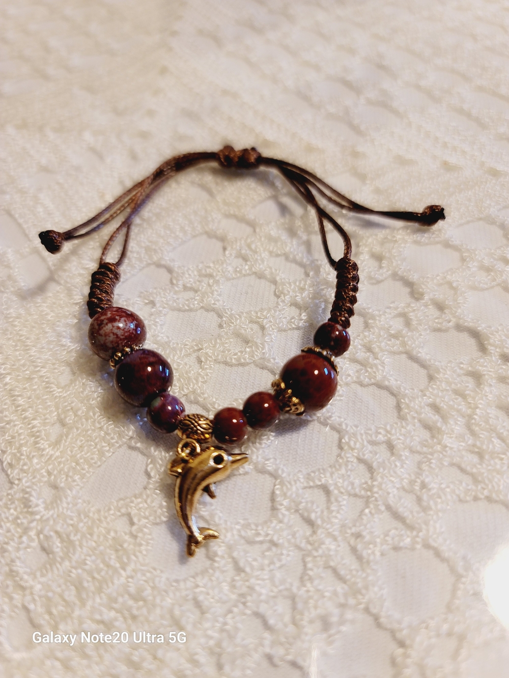 Handmade Brown Beaded Bracelet with Gold Dolphin Charm